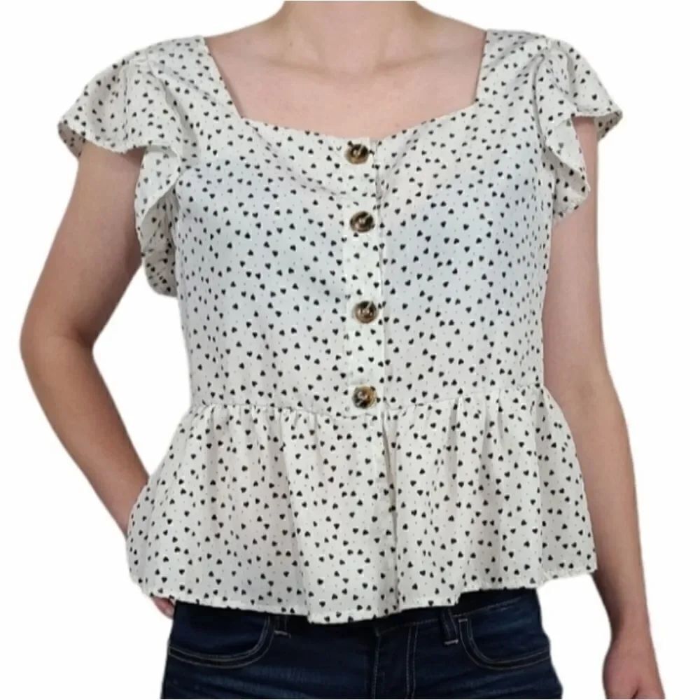CONFETTI HEART PRINT RUFFLE HEM BLOUSE